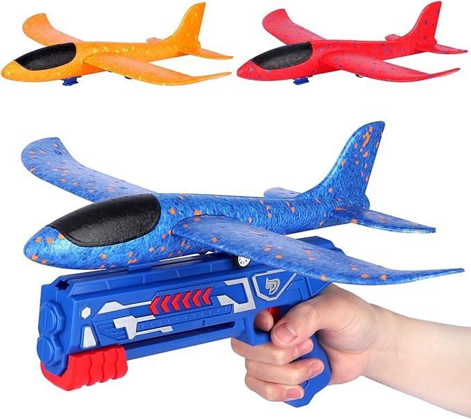 Airplane Launcher Toy Foam Throwing Glider Plane with Catapult Gun Indoor Outdoor Shooting Game for Kid